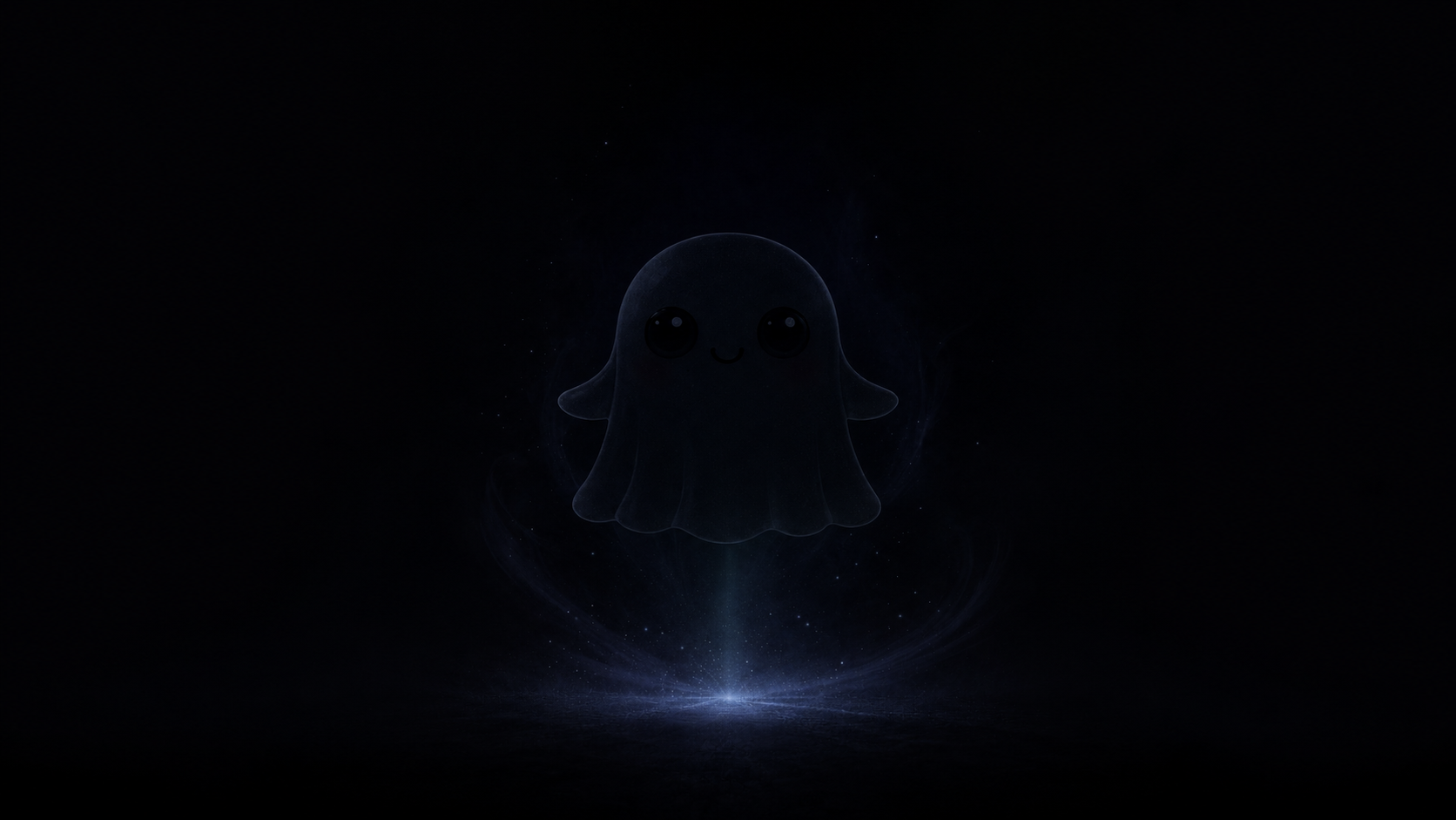 A small smiling ghost floating in a dark starry glow